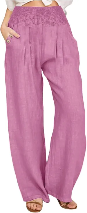 Cotton and Linen Pants for Womens High Waist Stretch Soft Pleated Trousers Summer Beach Lounge Pant with Pockets