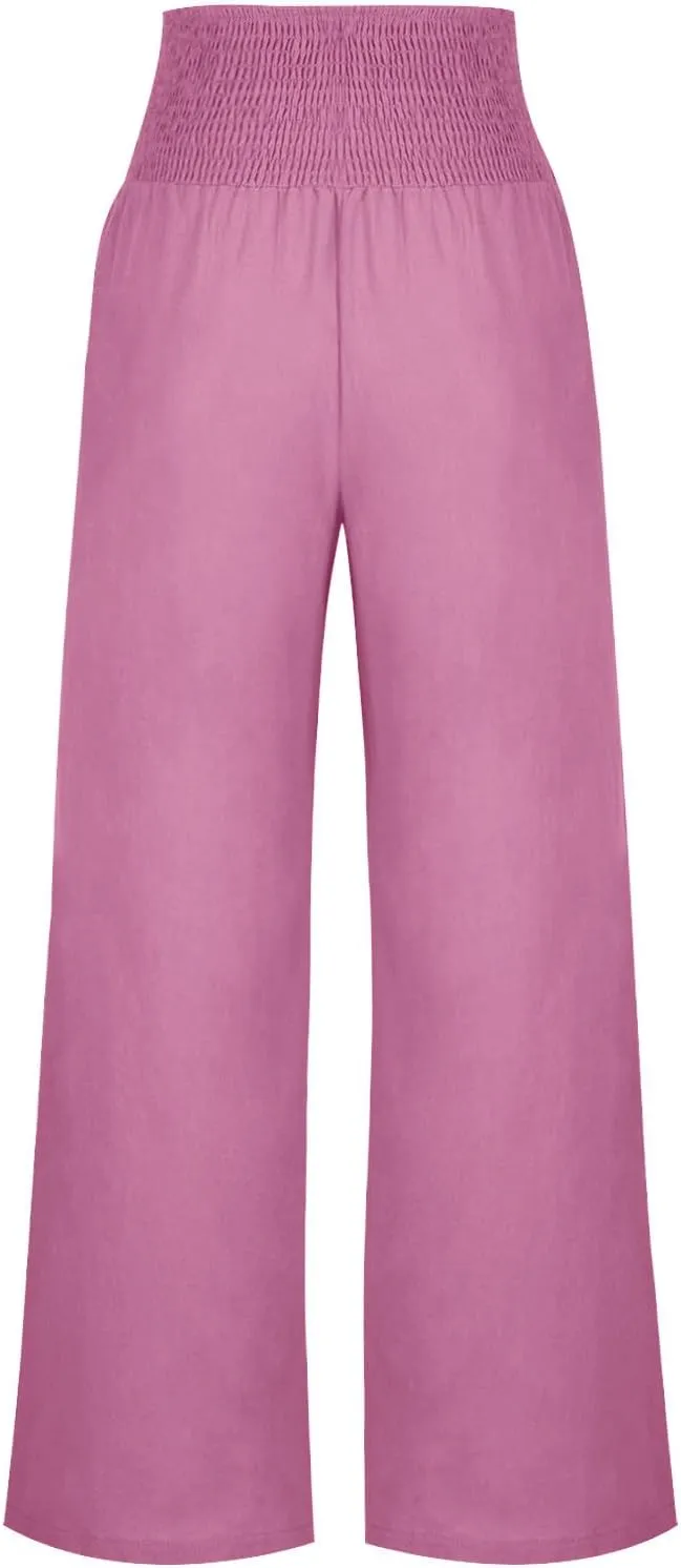 Cotton and Linen Pants for Womens High Waist Stretch Soft Pleated Trousers Summer Beach Lounge Pant with Pockets