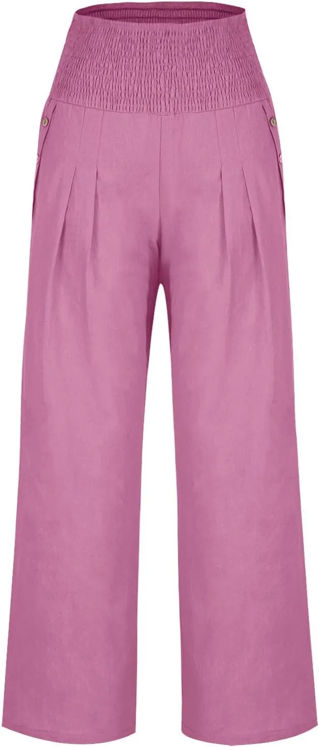Cotton and Linen Pants for Womens High Waist Stretch Soft Pleated Trousers Summer Beach Lounge Pant with Pockets