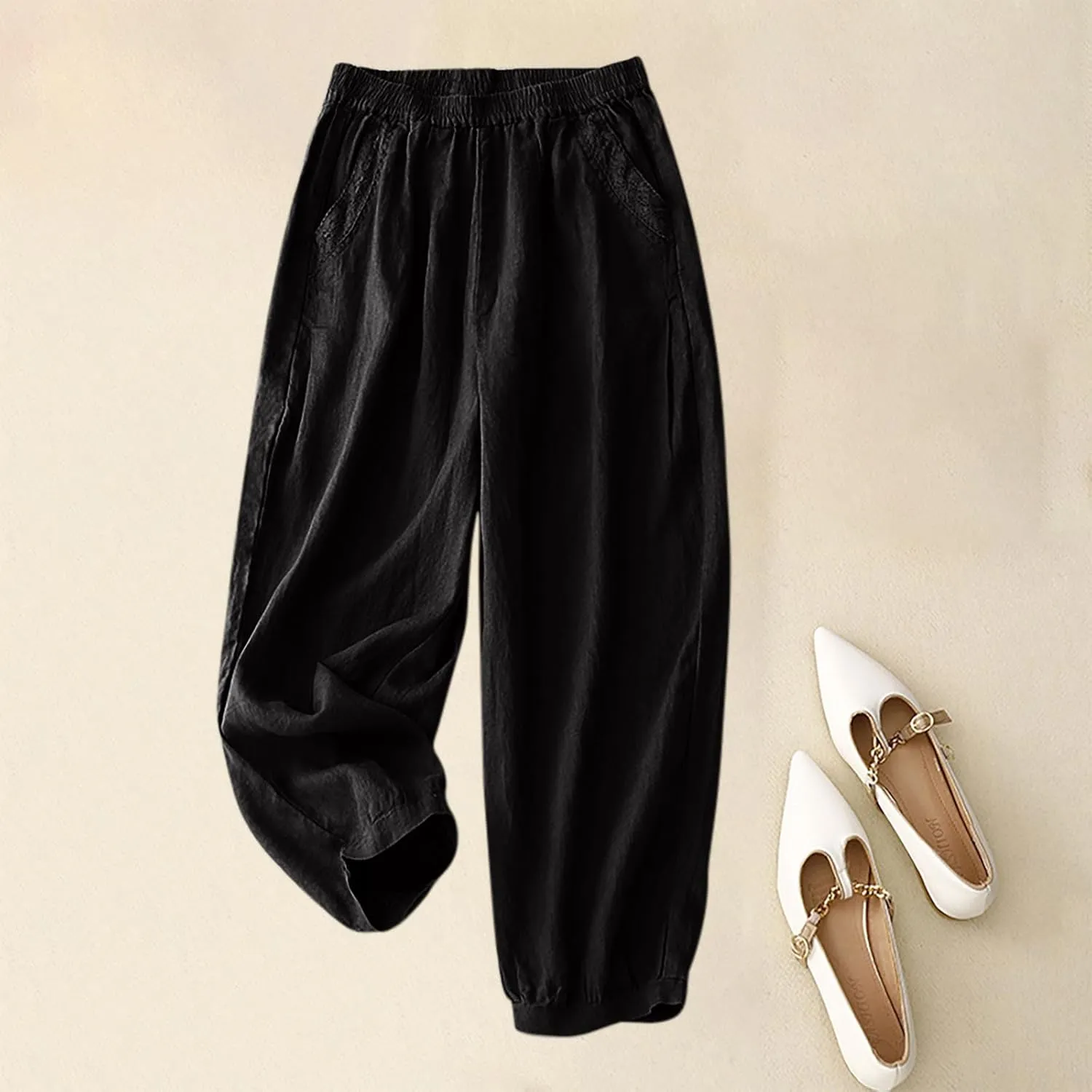 Cotton Linen Trousers Womens Solid Color Loose Straight Pants Casual Soft Lightweight Wide Leg Pants with Pockets