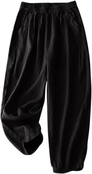Cotton Linen Trousers Womens Solid Color Loose Straight Pants Casual Soft Lightweight Wide Leg Pants with Pockets