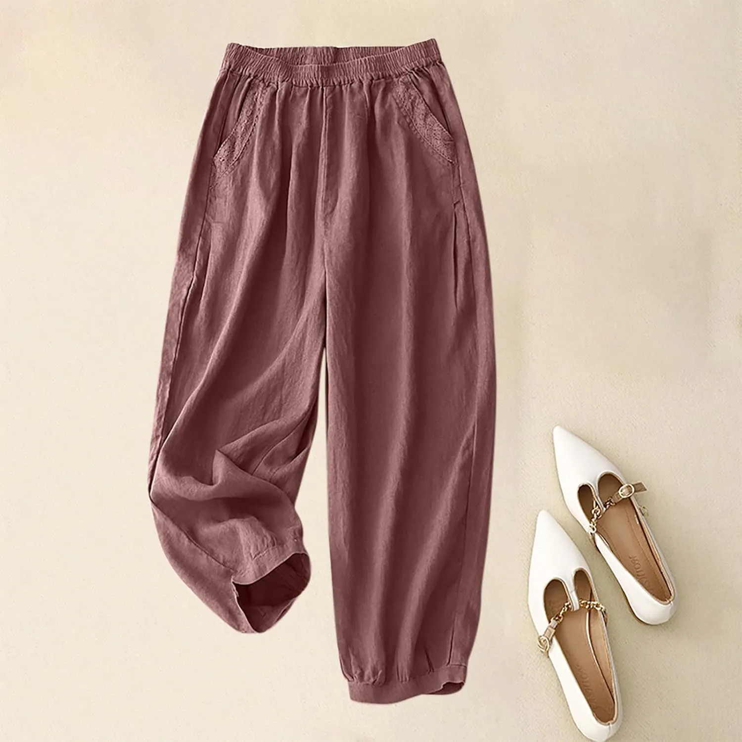 Cotton Linen Trousers Womens Solid Color Loose Straight Pants Casual Soft Lightweight Wide Leg Pants with Pockets