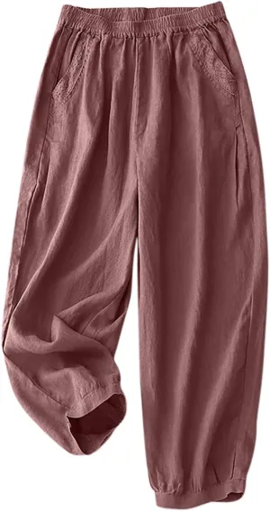 Cotton Linen Trousers Womens Solid Color Loose Straight Pants Casual Soft Lightweight Wide Leg Pants with Pockets
