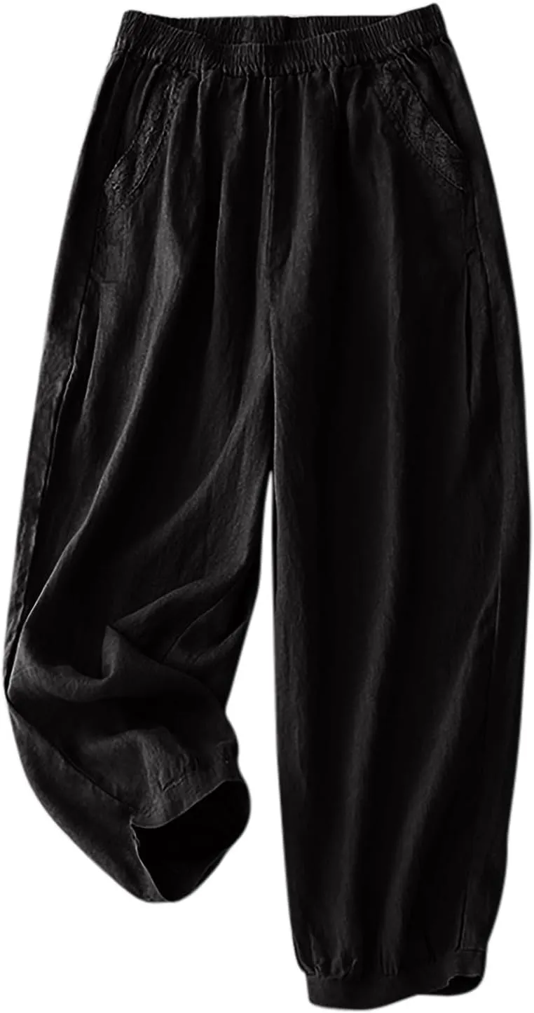 Cotton Linen Trousers Womens Solid Color Loose Straight Pants Casual Soft Lightweight Wide Leg Pants with Pockets