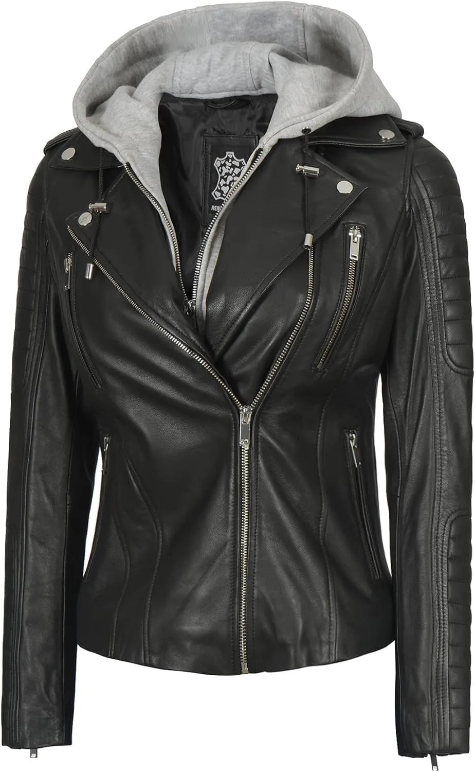 Decrum Womens Leather Jacket with Detachable Hood - Casual Real Lambskin Brown and Black Leather Jacket Women