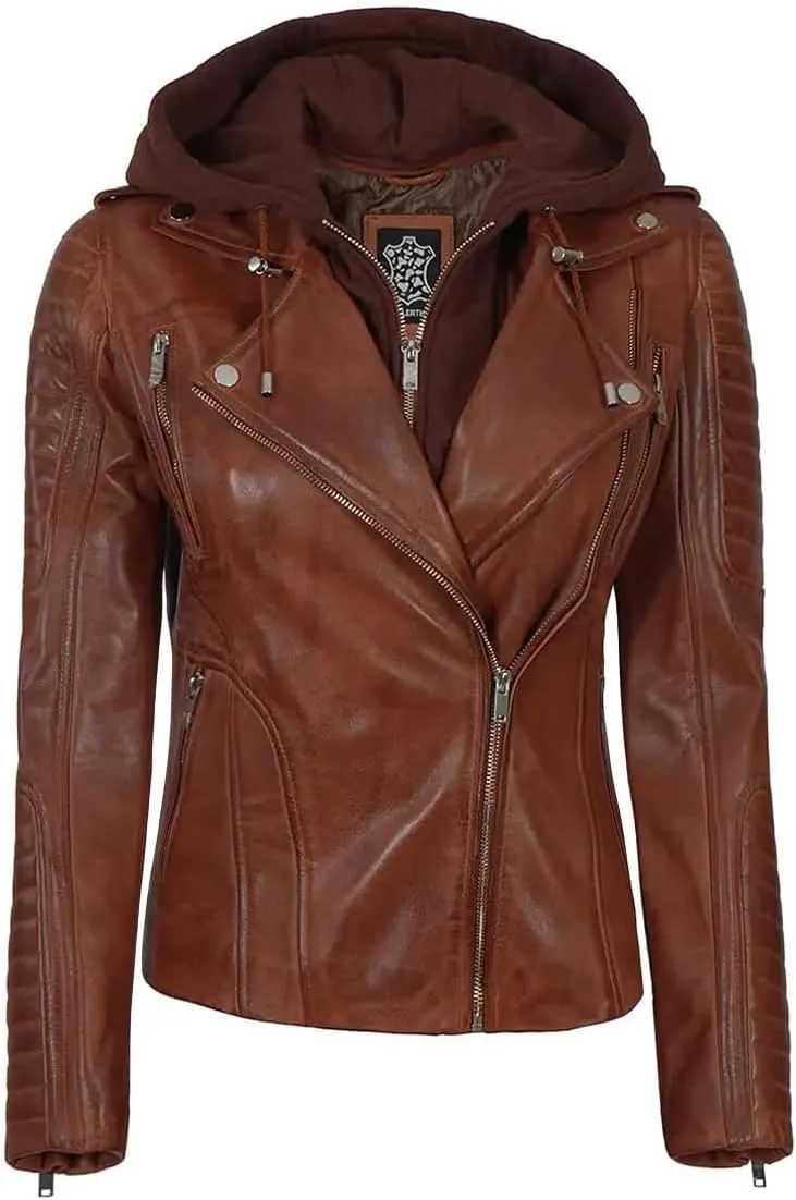 Decrum Womens Leather Jacket with Detachable Hood - Casual Real Lambskin Brown and Black Leather Jacket Women