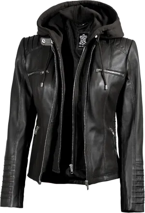 Decrum Womens Leather Jacket with Detachable Hood - Casual Real Lambskin Brown and Black Leather Jacket Women