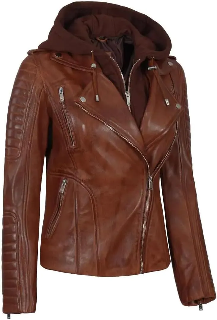 Decrum Womens Leather Jacket with Detachable Hood - Casual Real Lambskin Brown and Black Leather Jacket Women