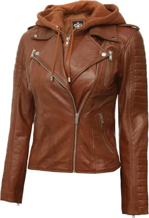 Decrum Womens Leather Jacket with Detachable Hood - Casual Real Lambskin Brown and Black Leather Jacket Women