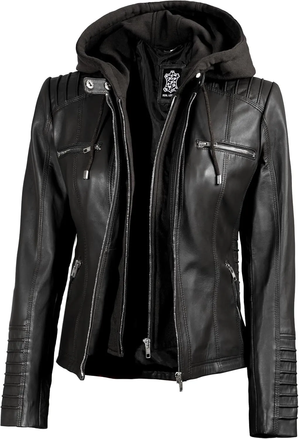 Decrum Womens Leather Jacket with Detachable Hood - Casual Real Lambskin Brown and Black Leather Jacket Women