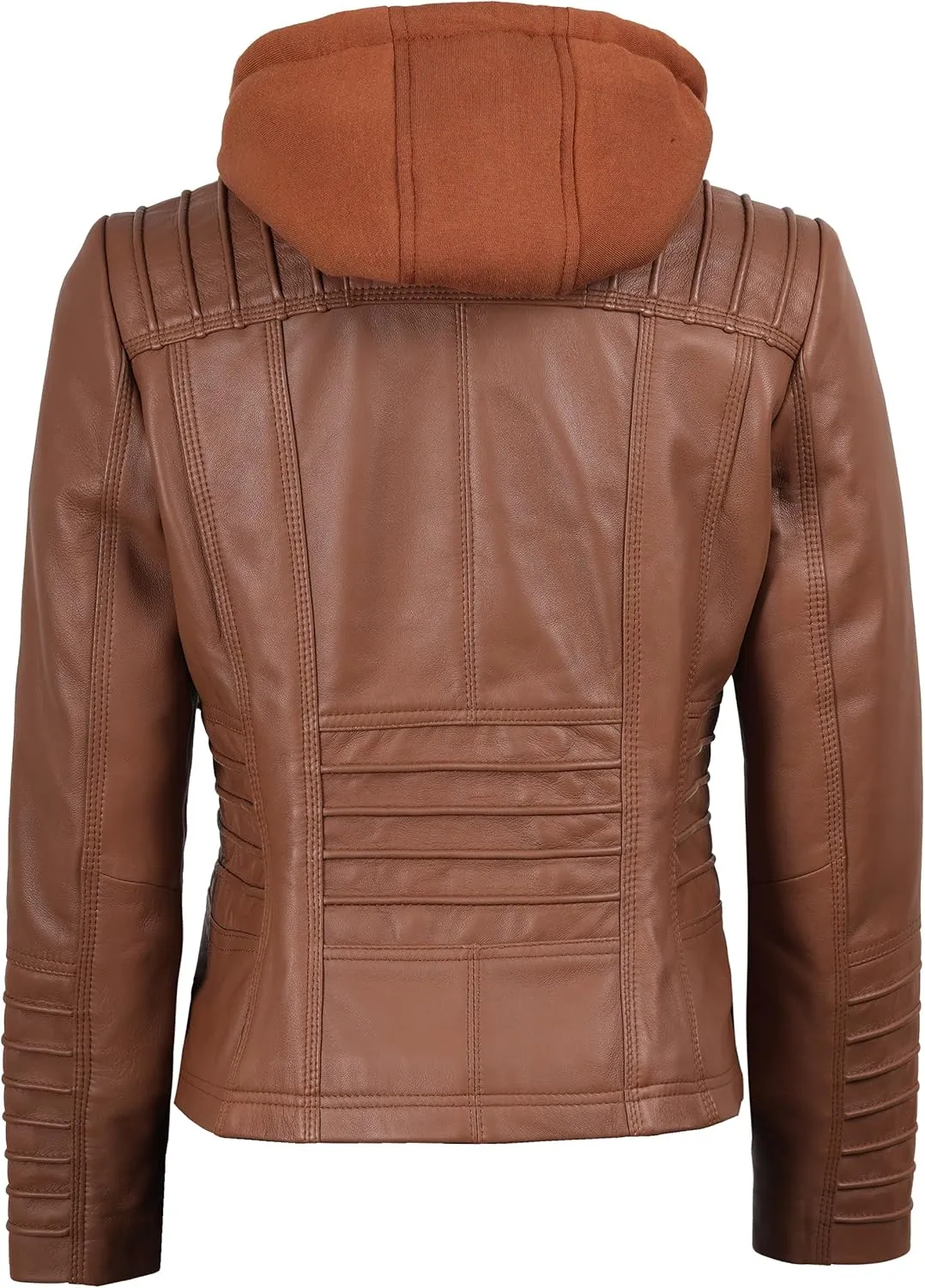 Decrum Womens Leather Jacket with Detachable Hood - Casual Real Lambskin Brown and Black Leather Jacket Women
