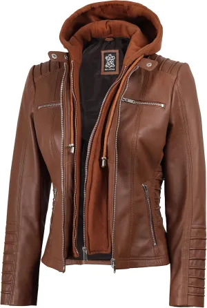 Decrum Womens Leather Jacket with Detachable Hood - Casual Real Lambskin Brown and Black Leather Jacket Women