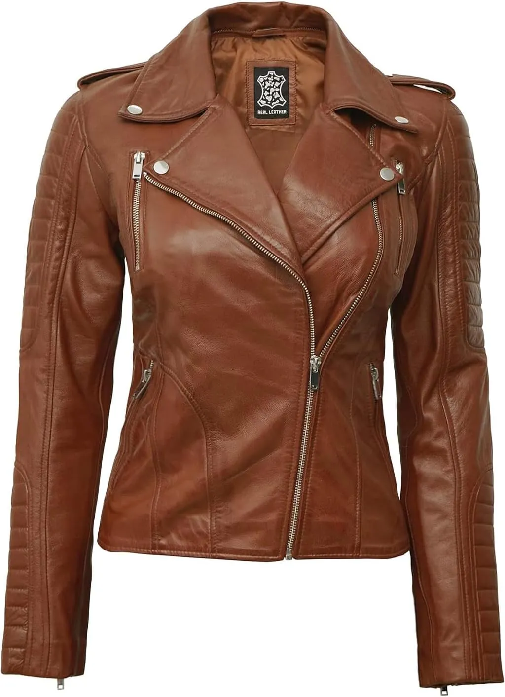 Decrum Womens Leather Jacket with Detachable Hood - Casual Real Lambskin Brown and Black Leather Jacket Women