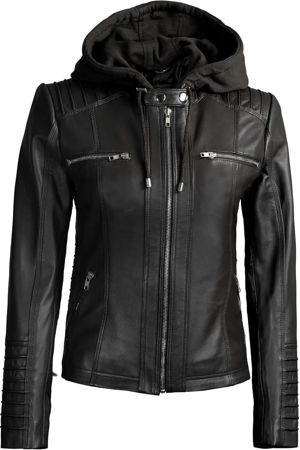 Decrum Womens Leather Jacket with Detachable Hood - Casual Real Lambskin Brown and Black Leather Jacket Women
