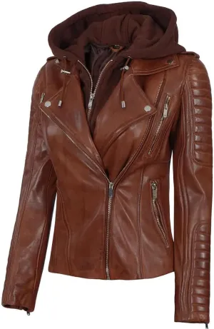 Decrum Womens Leather Jacket with Detachable Hood - Casual Real Lambskin Brown and Black Leather Jacket Women