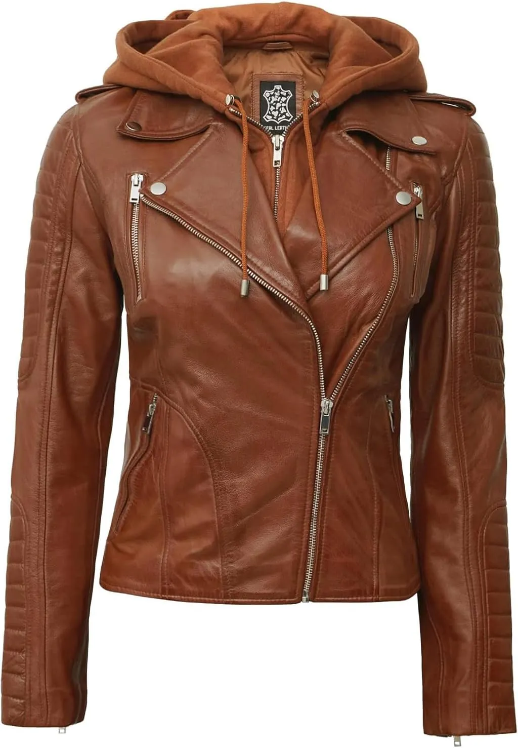 Decrum Womens Leather Jacket with Detachable Hood - Casual Real Lambskin Brown and Black Leather Jacket Women