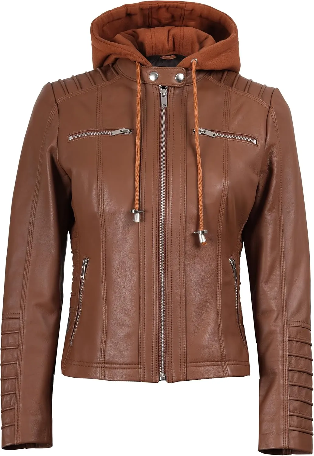 Decrum Womens Leather Jacket with Detachable Hood - Casual Real Lambskin Brown and Black Leather Jacket Women