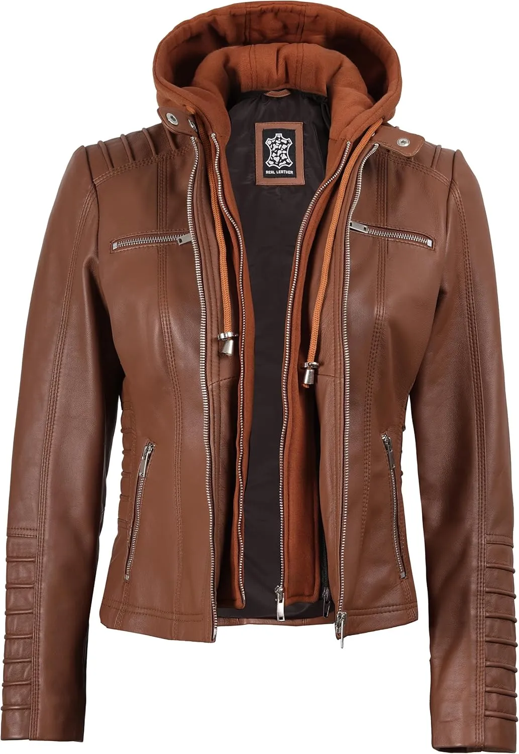 Decrum Womens Leather Jacket with Detachable Hood - Casual Real Lambskin Brown and Black Leather Jacket Women