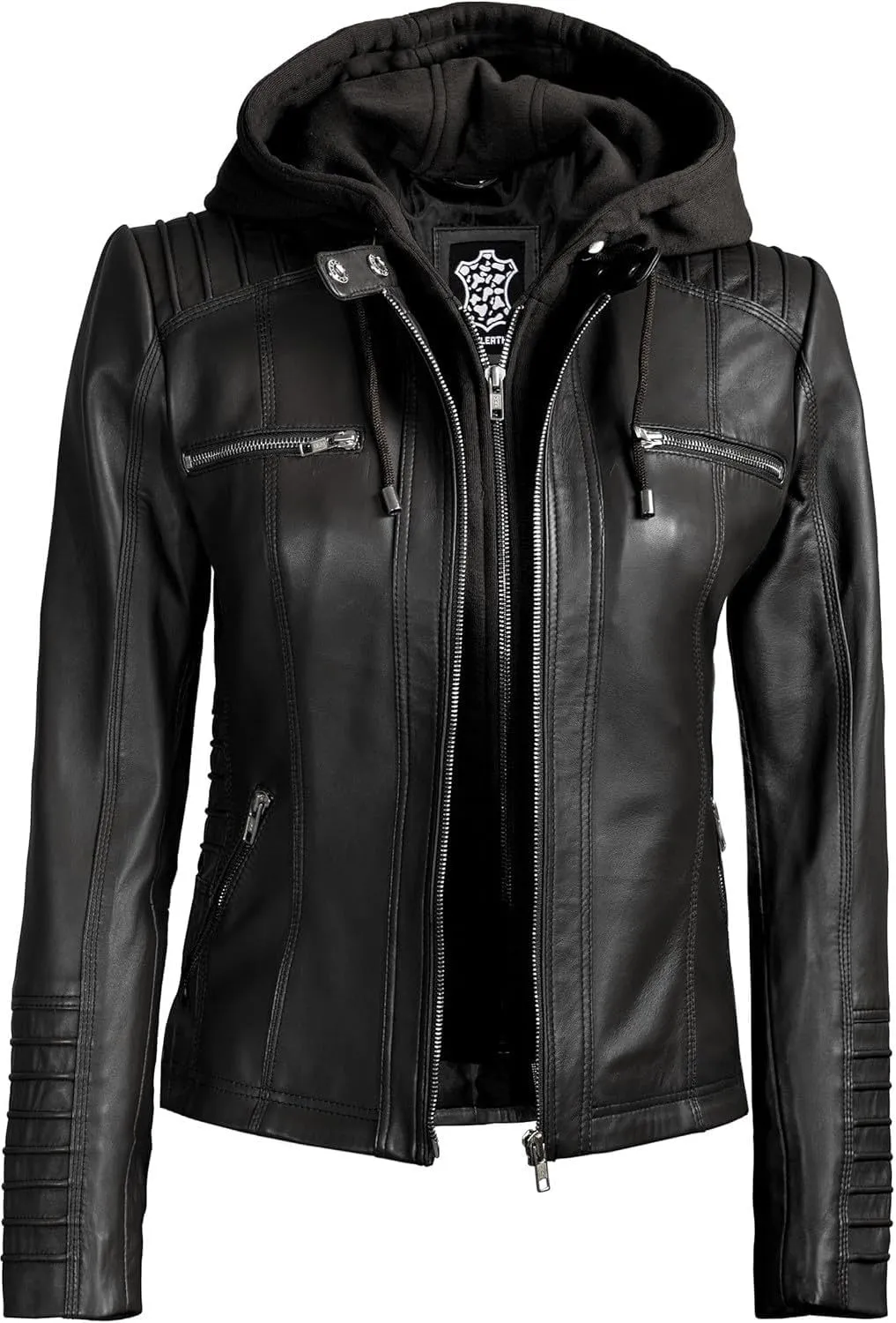Decrum Womens Leather Jacket with Detachable Hood - Casual Real Lambskin Brown and Black Leather Jacket Women