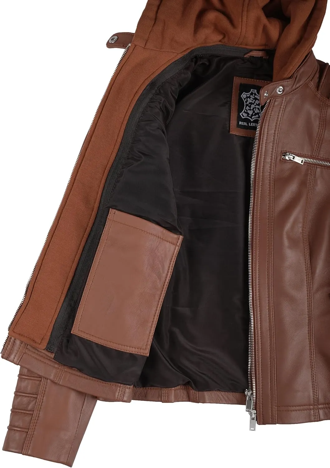 Decrum Womens Leather Jacket with Detachable Hood - Casual Real Lambskin Brown and Black Leather Jacket Women