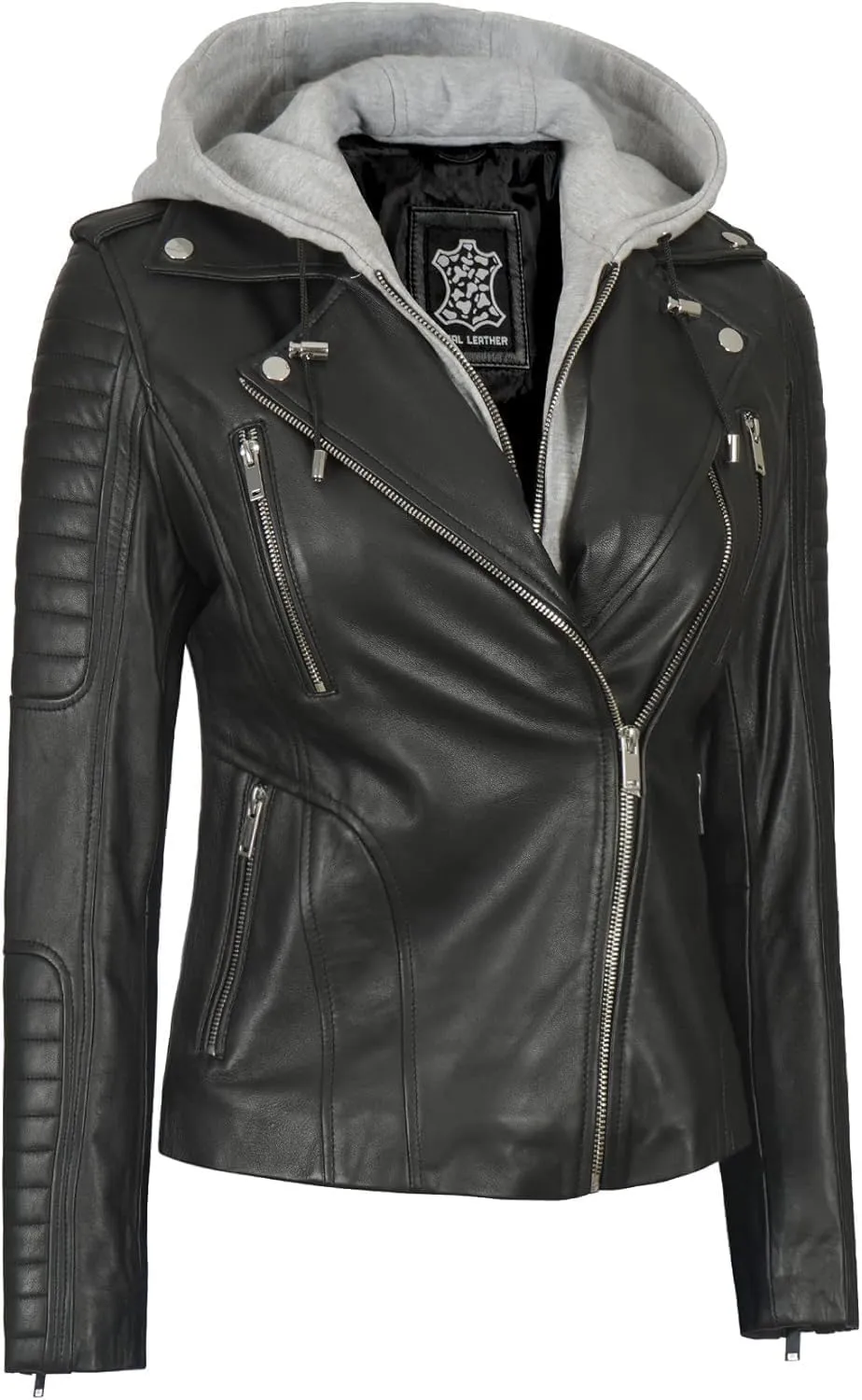 Decrum Womens Leather Jacket with Detachable Hood - Casual Real Lambskin Brown and Black Leather Jacket Women