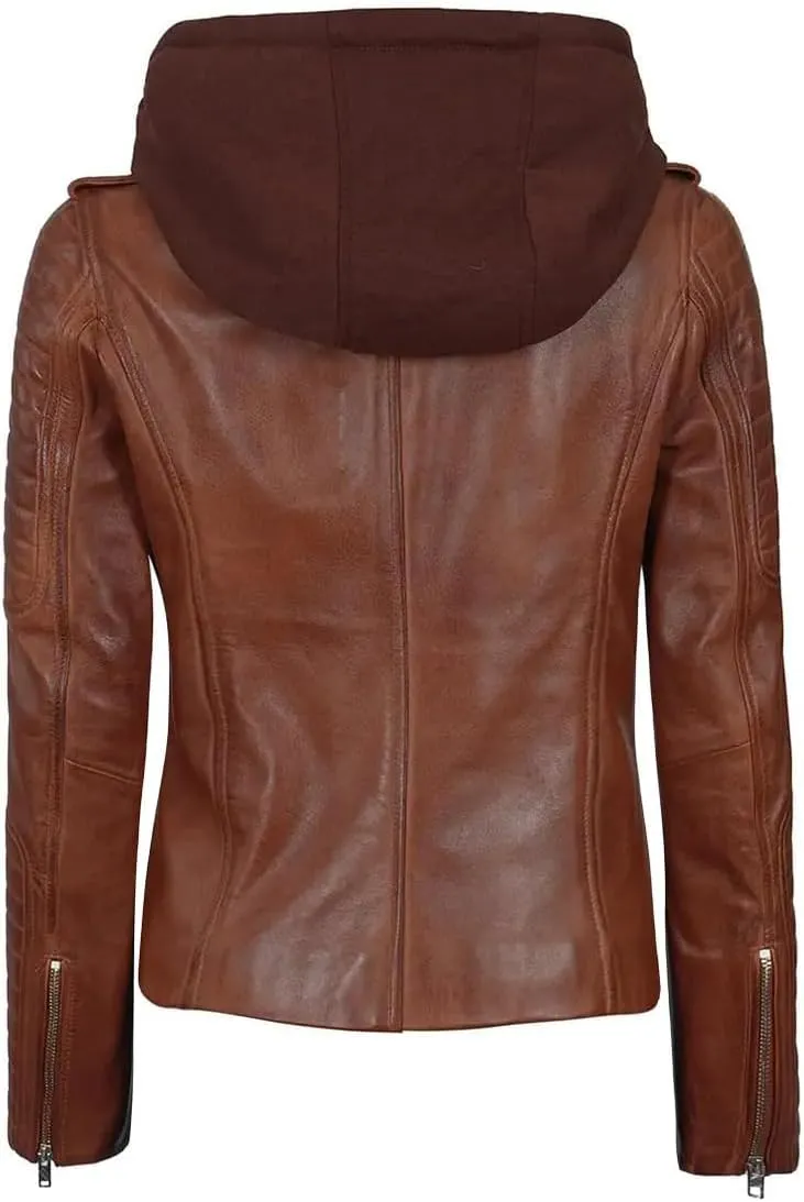 Decrum Womens Leather Jacket with Detachable Hood - Casual Real Lambskin Brown and Black Leather Jacket Women