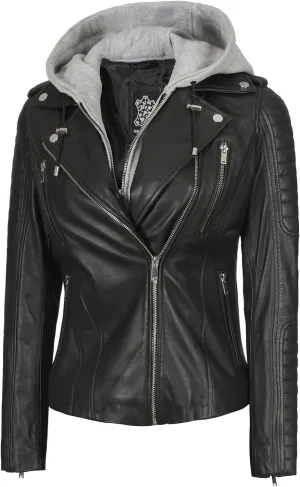Decrum Womens Leather Jacket with Detachable Hood - Casual Real Lambskin Brown and Black Leather Jacket Women