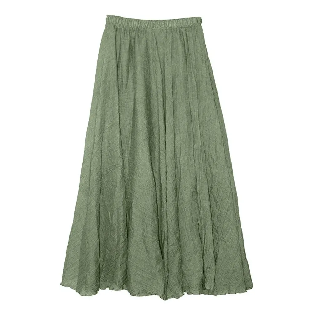 Elegant Women's Linen Boho Loose Fresh Nature Green Bohemian Style Swing Hem Holiday Wear Summer Skirt