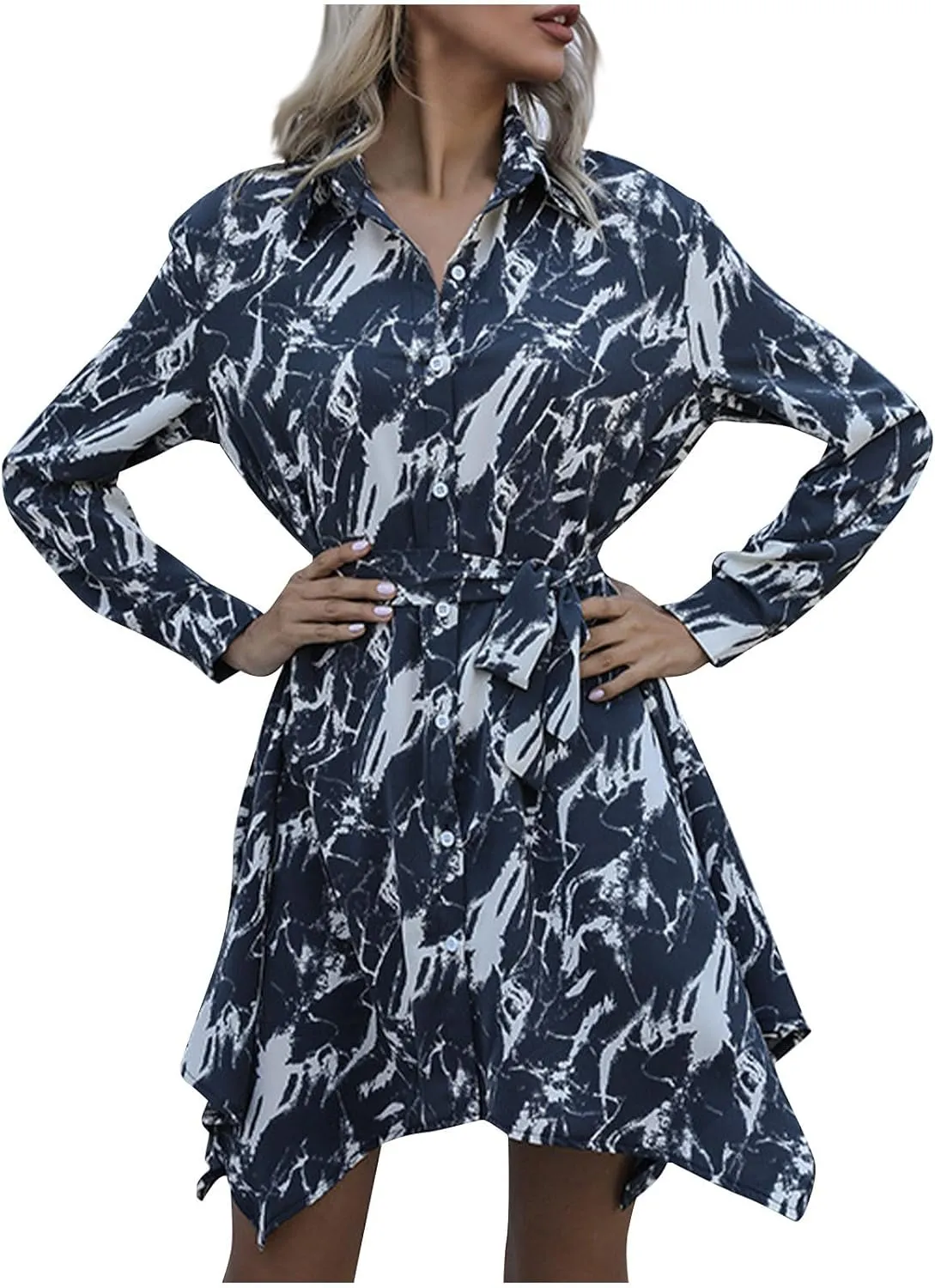 Fall Midi Dresses for Women 2024 Casual Long Sleeve V Neck Button Down Belted A Line Flowy Ruffle Maxi Shirt Dress