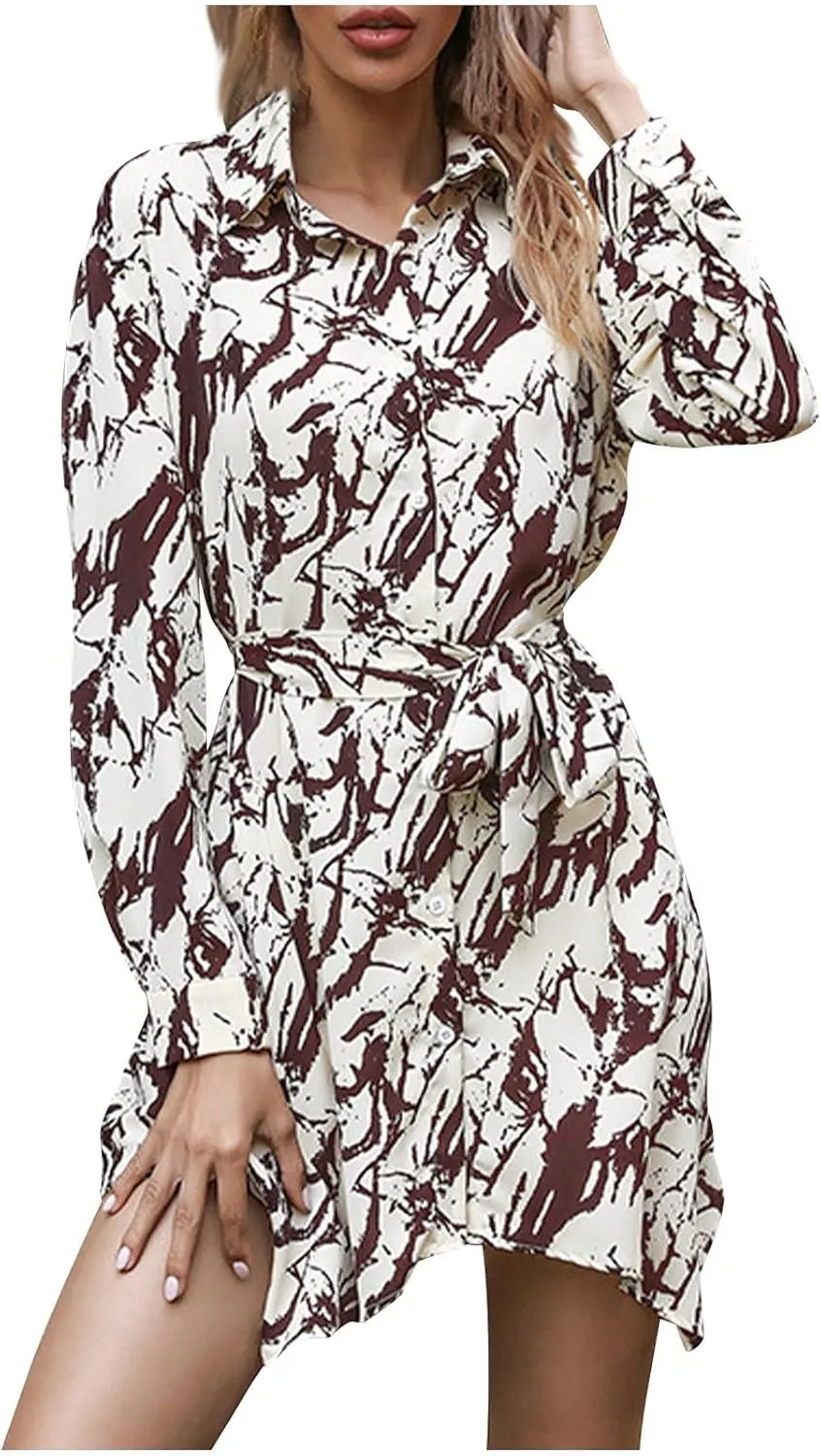 Fall Midi Dresses for Women 2024 Casual Long Sleeve V Neck Button Down Belted A Line Flowy Ruffle Maxi Shirt Dress