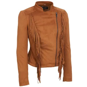 Fringed Faux Suede Jacket  Cognac Brown