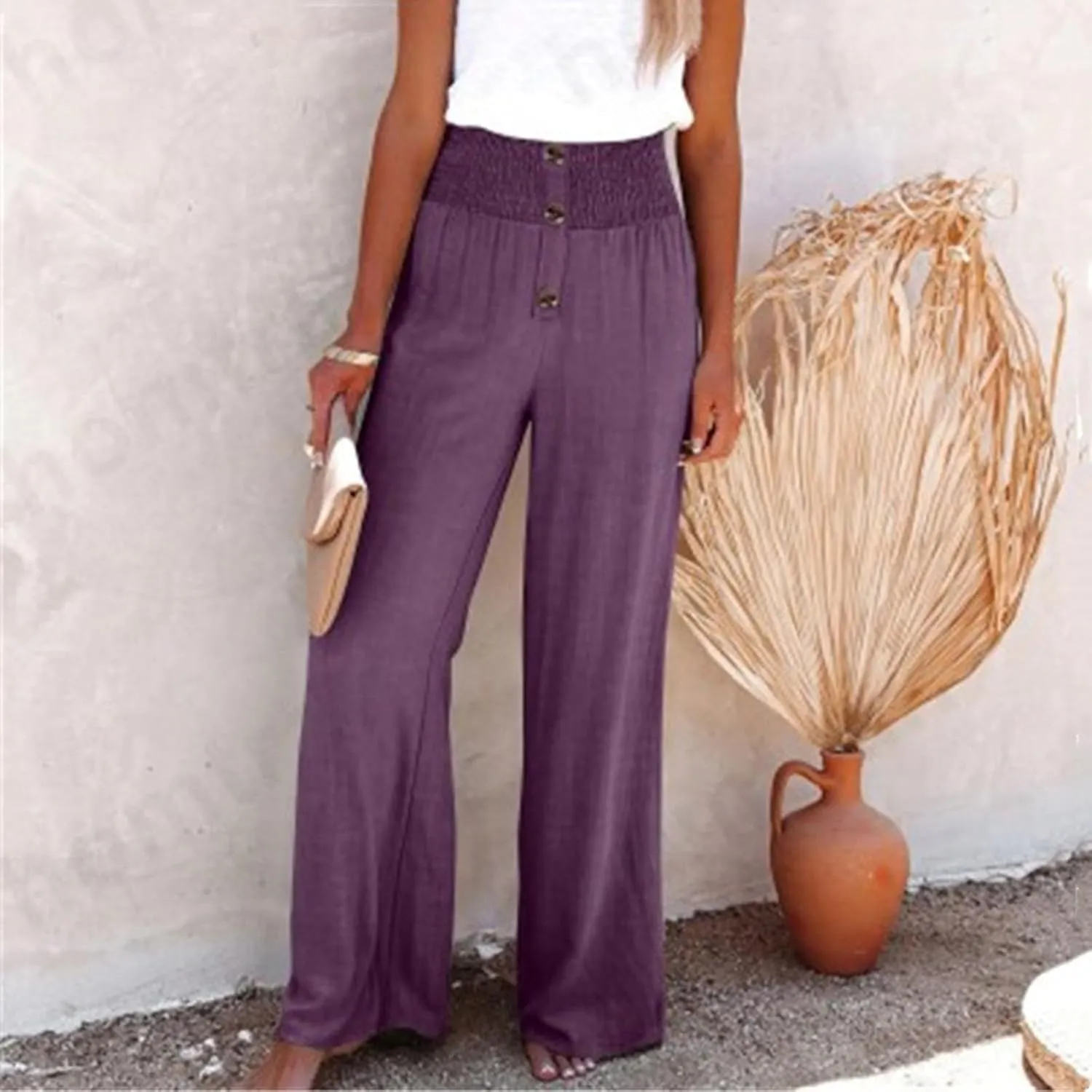 FZYLQY Fashion Women's Smocked Waist Pants with Buttons Soft Cotton Linen Pants Loose Fit Casual Trousers for Summer 2025