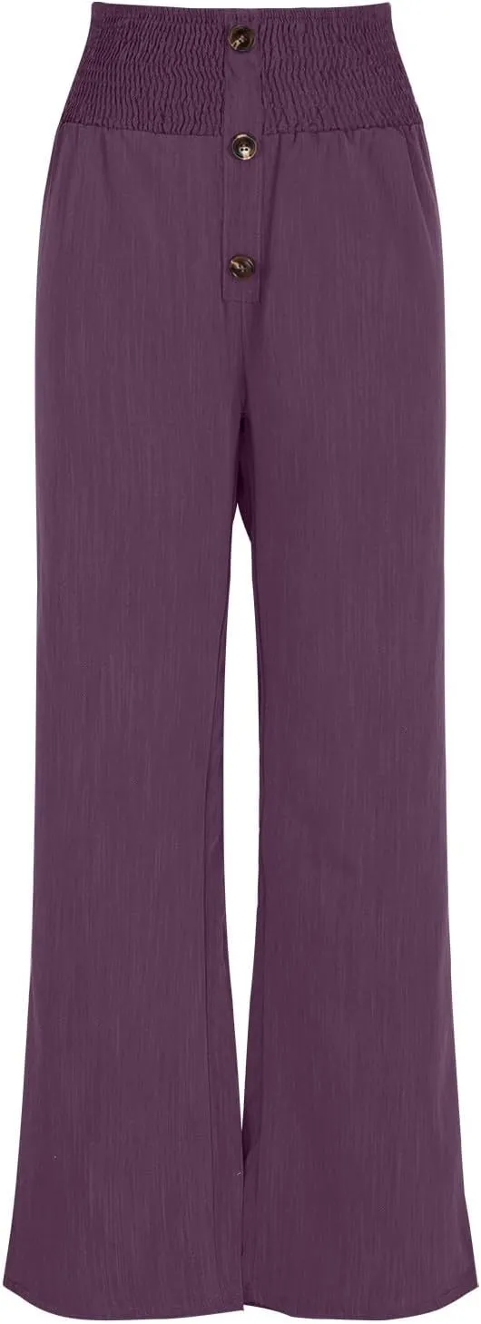 FZYLQY Fashion Women's Smocked Waist Pants with Buttons Soft Cotton Linen Pants Loose Fit Casual Trousers for Summer 2025