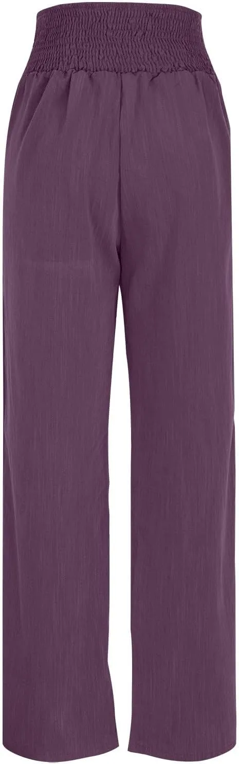 FZYLQY Fashion Women's Smocked Waist Pants with Buttons Soft Cotton Linen Pants Loose Fit Casual Trousers for Summer 2025