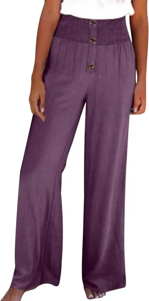 FZYLQY Fashion Women's Smocked Waist Pants with Buttons Soft Cotton Linen Pants Loose Fit Casual Trousers for Summer 2025
