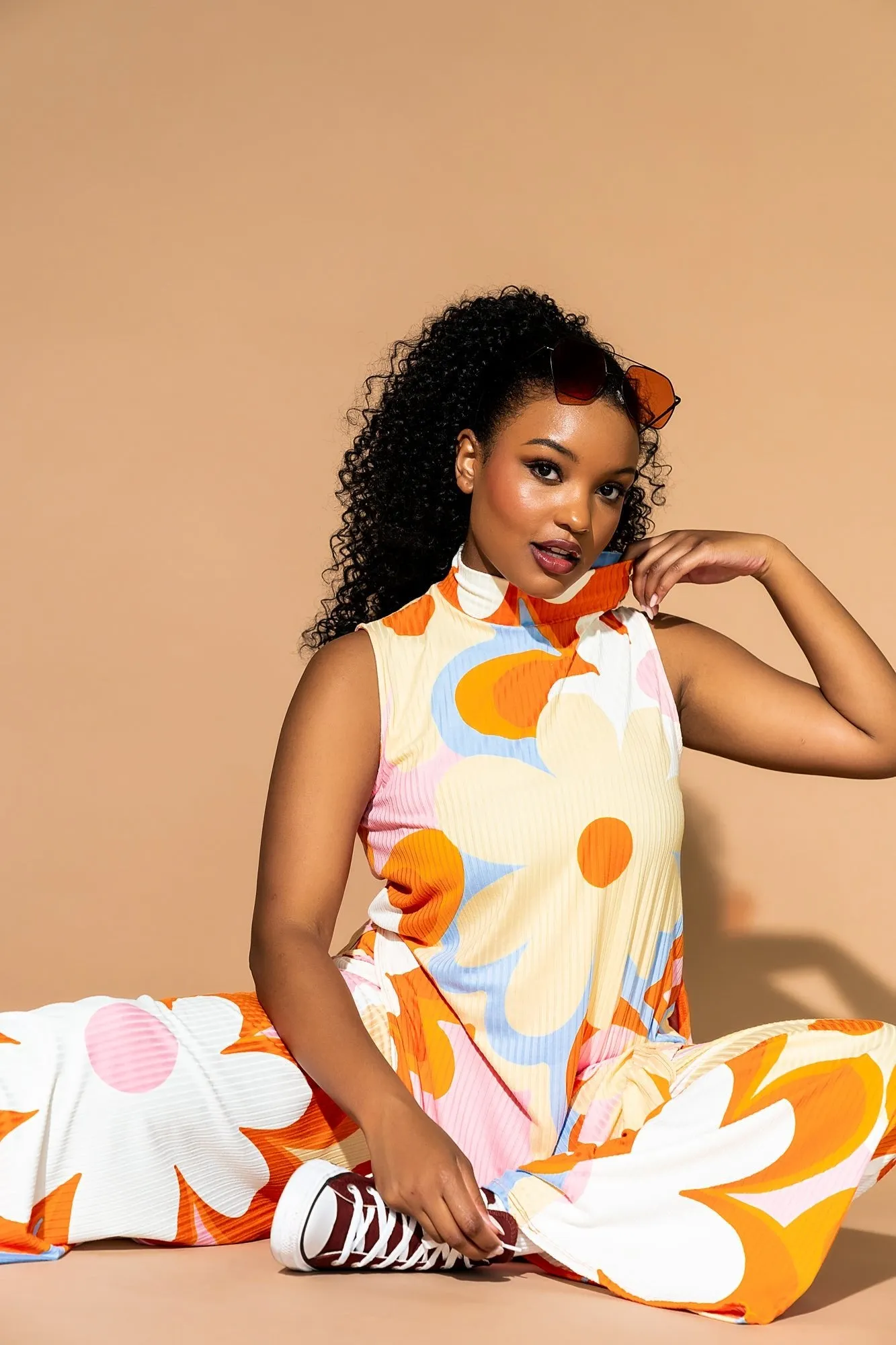 Gigi Sleeveless Ribbed Playsuit in Mod Floral