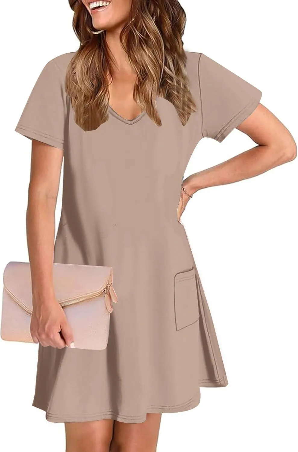 hlysgo Casual Dresses for Women 2025 Summer Short Sleeve V Neck Mini Dress Ladies A-Line Flowy T-Shirts Dress with Pockets
