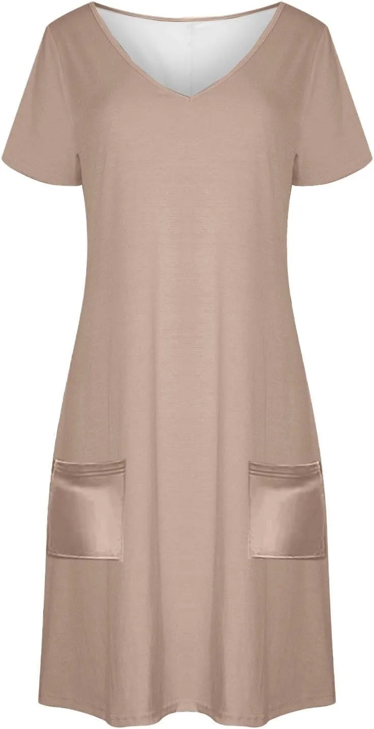 hlysgo Casual Dresses for Women 2025 Summer Short Sleeve V Neck Mini Dress Ladies A-Line Flowy T-Shirts Dress with Pockets