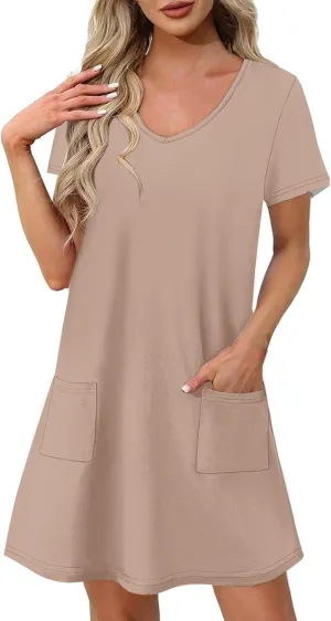 hlysgo Casual Dresses for Women 2025 Summer Short Sleeve V Neck Mini Dress Ladies A-Line Flowy T-Shirts Dress with Pockets
