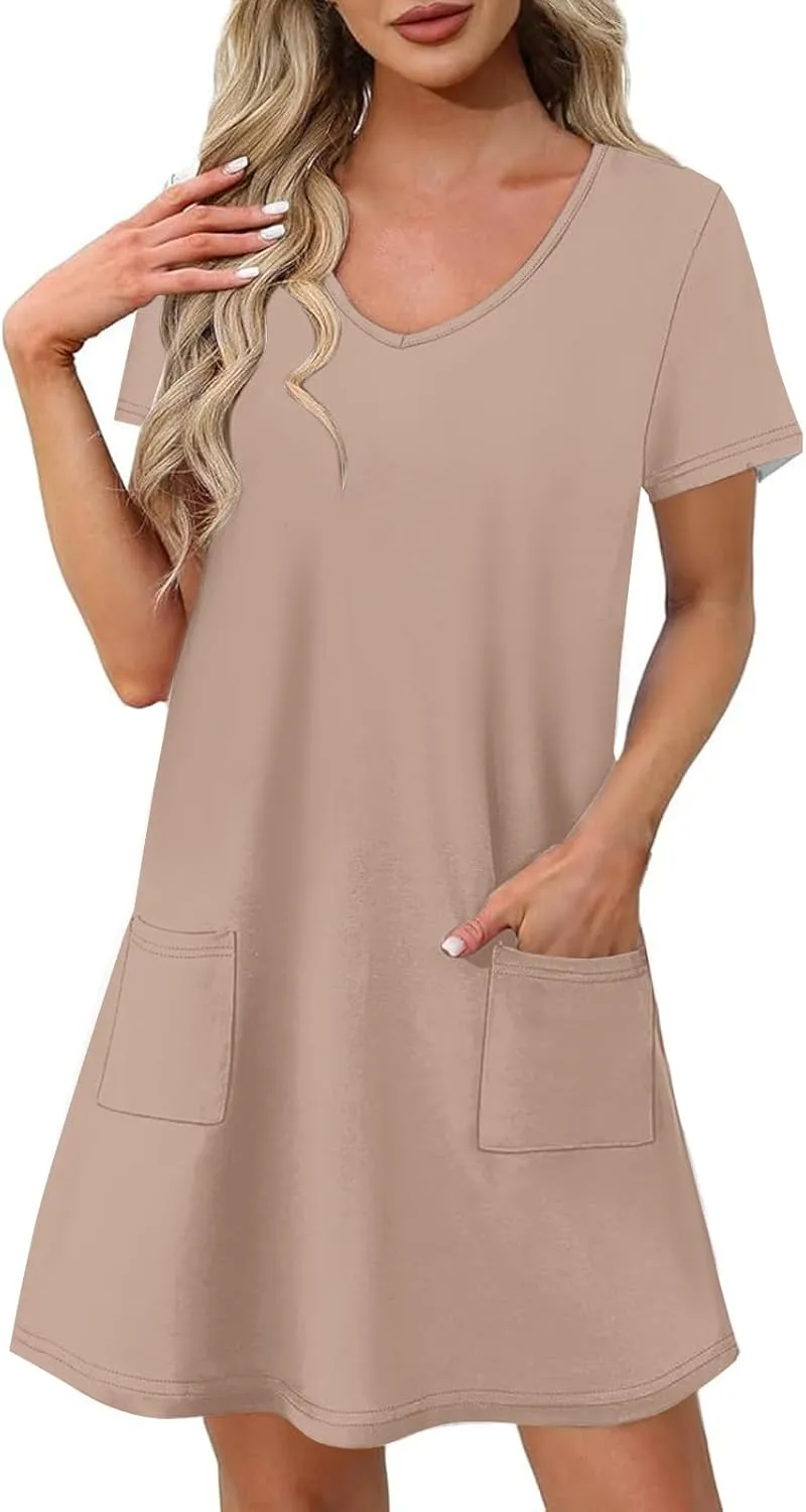 hlysgo Casual Dresses for Women 2025 Summer Short Sleeve V Neck Mini Dress Ladies A-Line Flowy T-Shirts Dress with Pockets