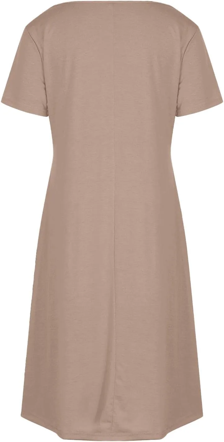 hlysgo Casual Dresses for Women 2025 Summer Short Sleeve V Neck Mini Dress Ladies A-Line Flowy T-Shirts Dress with Pockets