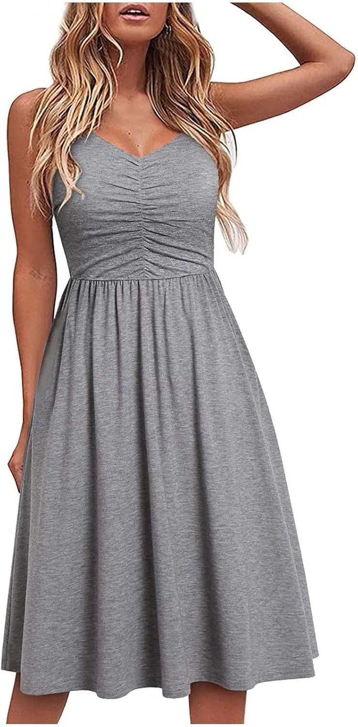 hlysgo Going Out Dresses for Women 2025 Summer Casual Spaghetti Straps Sleeveless V Neck Mini Dress A-Line Flowy Beach Dress