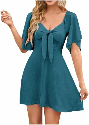 hlysgo Summer Dress for Women 2025 Trendy A-Line Flowy Mini Dress Casual Loose Fit Short Sleeve V Neck Going Out Dresses