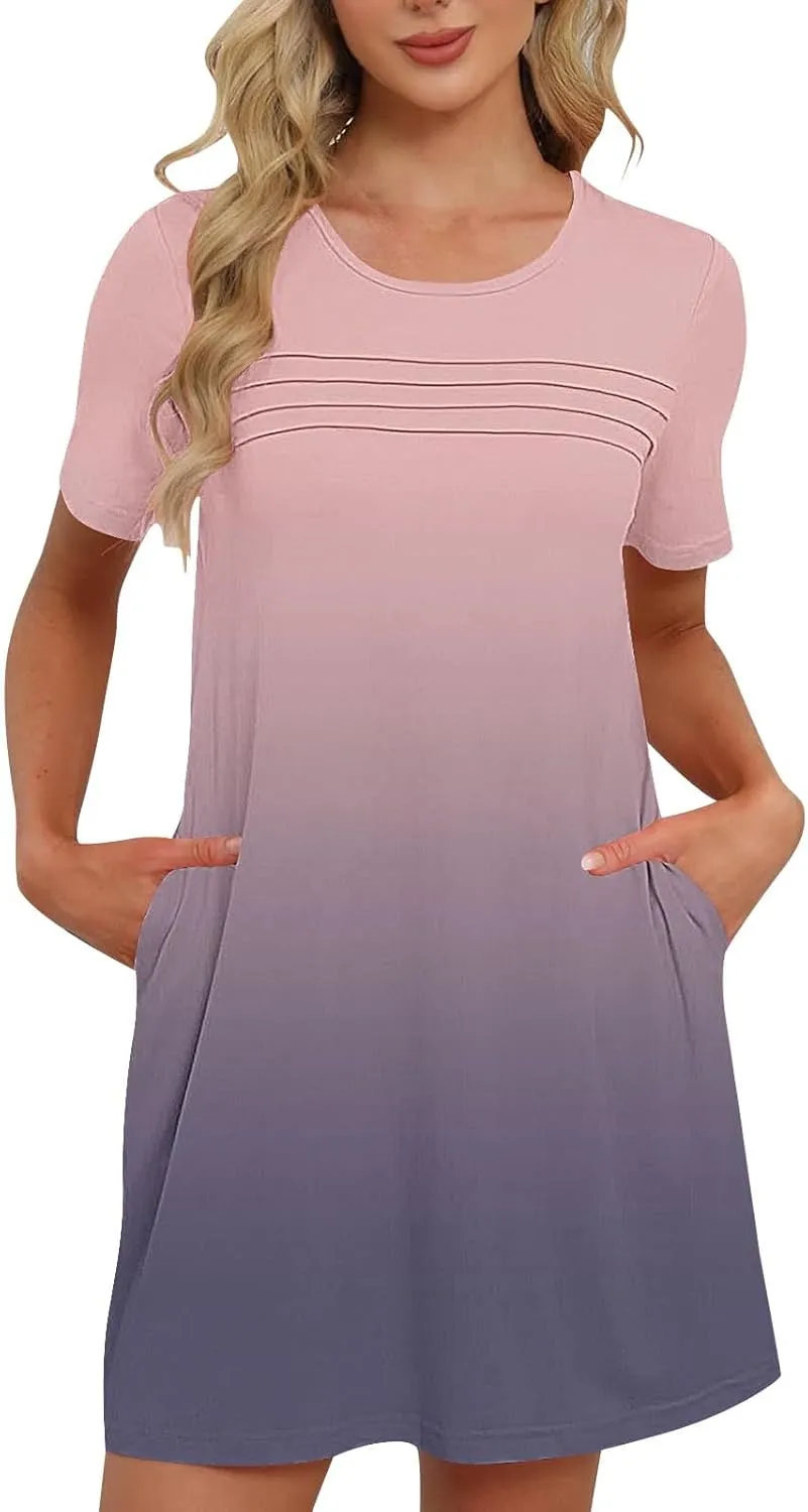 hlysgo Summer Dresses for Women 2025 Trendy Tie-Dye Print Short Sleeve Crew Neck Ruched Dress Beach Mini Dress with Pockets