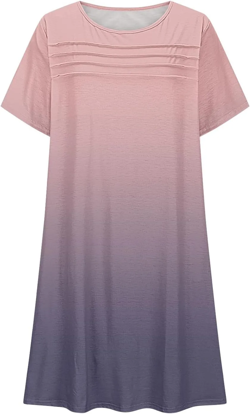 hlysgo Summer Dresses for Women 2025 Trendy Tie-Dye Print Short Sleeve Crew Neck Ruched Dress Beach Mini Dress with Pockets