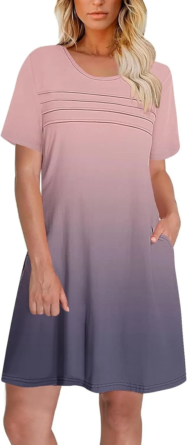 hlysgo Summer Dresses for Women 2025 Trendy Tie-Dye Print Short Sleeve Crew Neck Ruched Dress Beach Mini Dress with Pockets