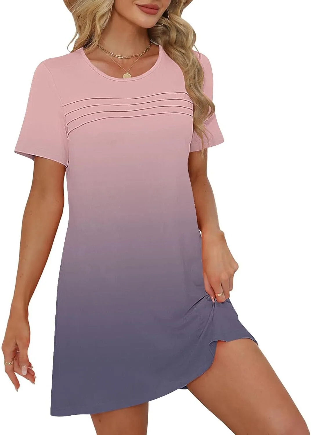 hlysgo Summer Dresses for Women 2025 Trendy Tie-Dye Print Short Sleeve Crew Neck Ruched Dress Beach Mini Dress with Pockets
