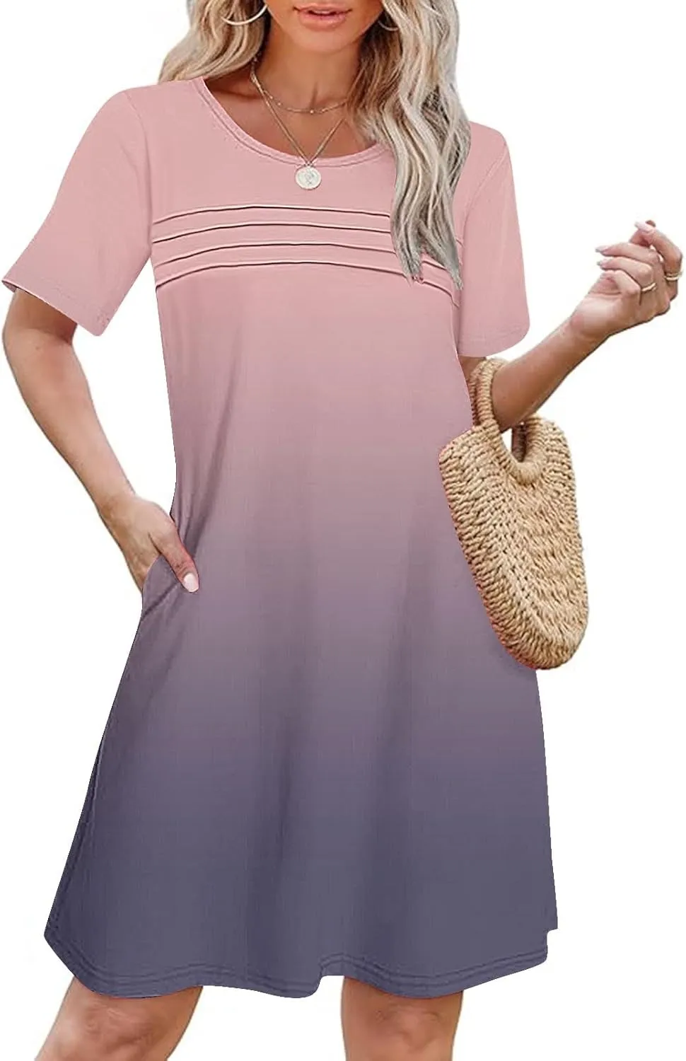 hlysgo Summer Dresses for Women 2025 Trendy Tie-Dye Print Short Sleeve Crew Neck Ruched Dress Beach Mini Dress with Pockets