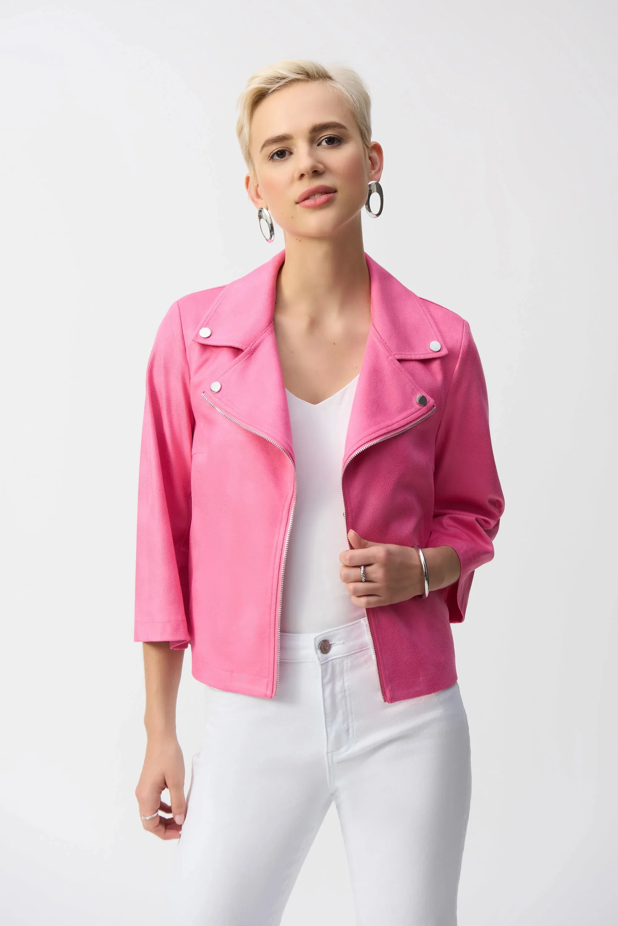 Joseph Ribkoff Bubble Gum Foiled Faux Suede Swing Jacket