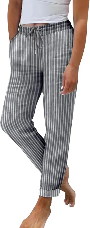 Lastesso Linen Pants Women Fashion Vertical Stripe Cotton Linen Soft Summer Outfits with Pockets Mid Rise Lounge Trousers